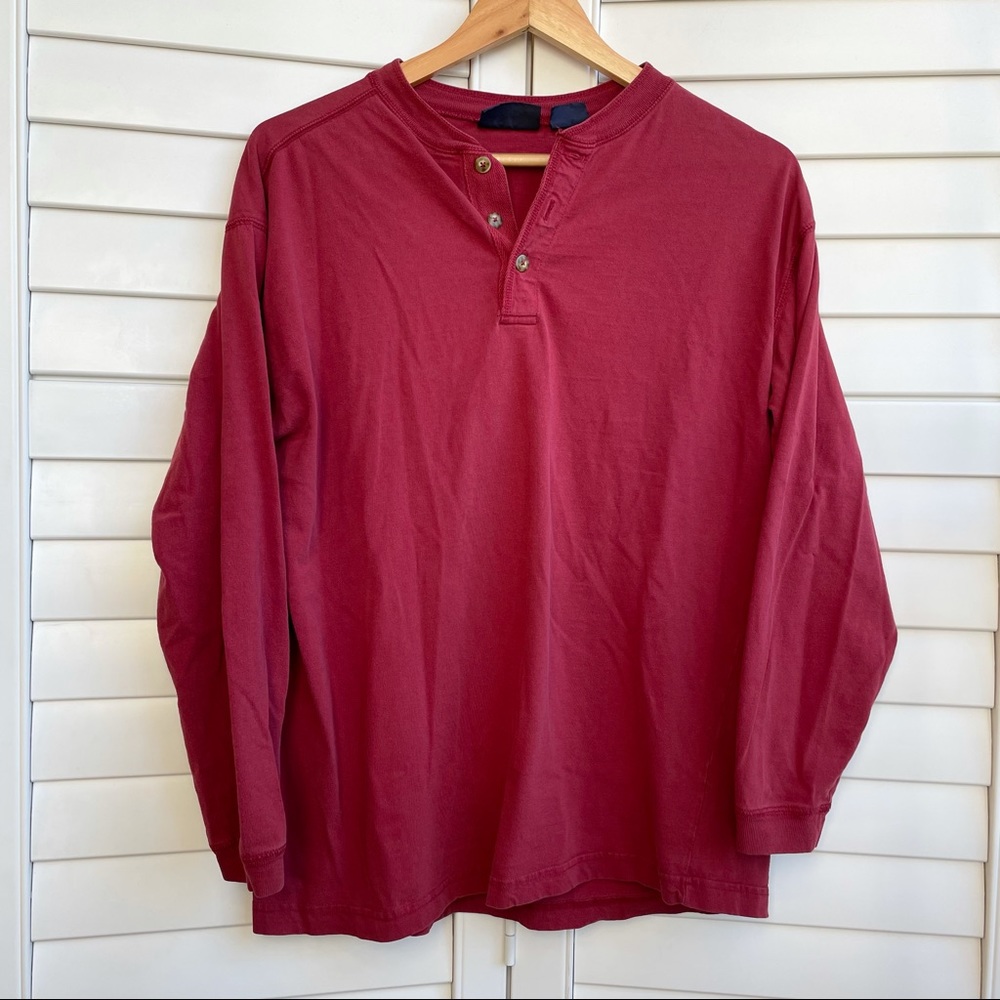 Basic Editions Vintage Long Sleeve Red 100% Cotton Buttoned Tee